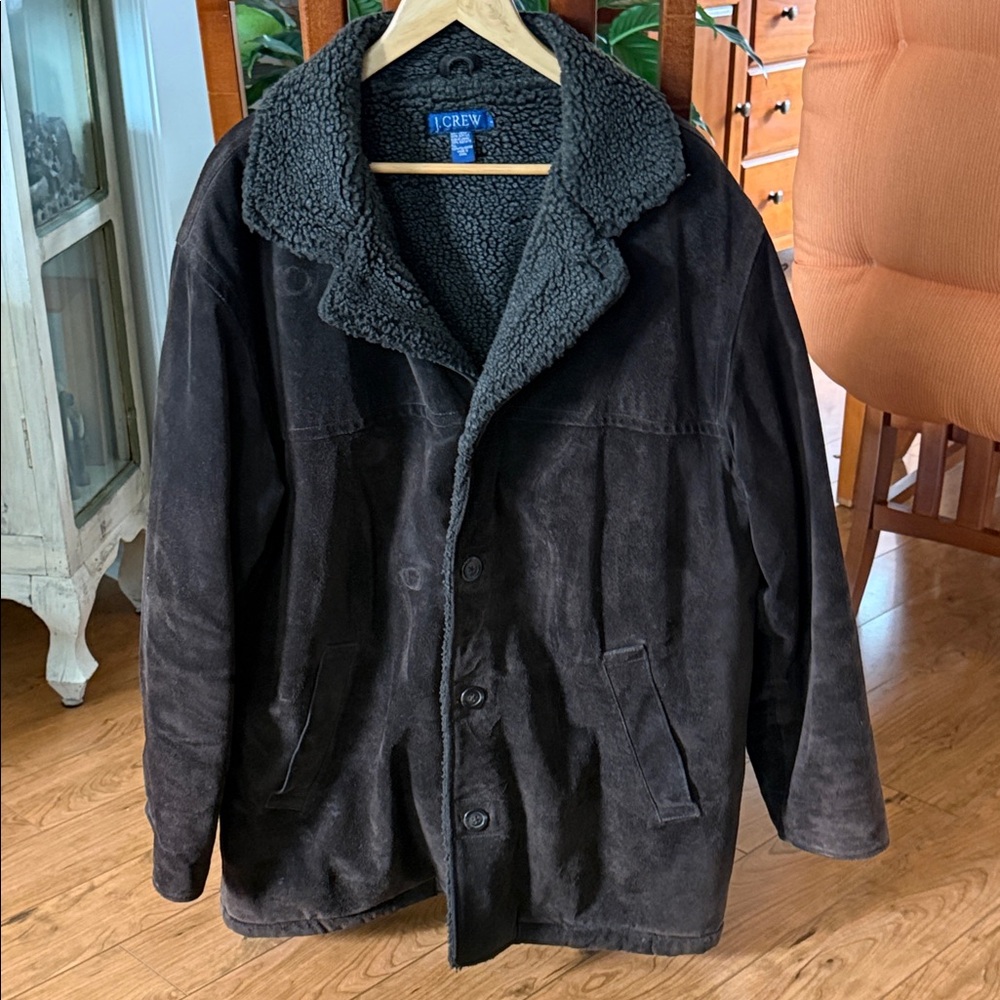 J. Crew Men's Dark Brown Suede Jacket with Sherpa Collar